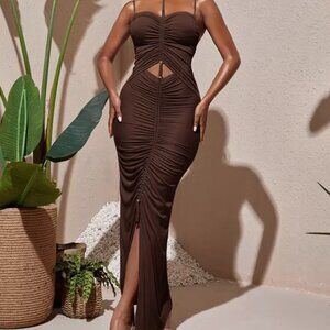 Chocolate Ruched Adjustable Maxi Dress – XS
